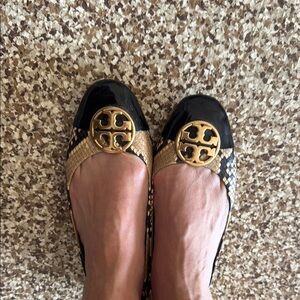 Tory Burch Black and Gold Snack Skin Women's Flats Size 10